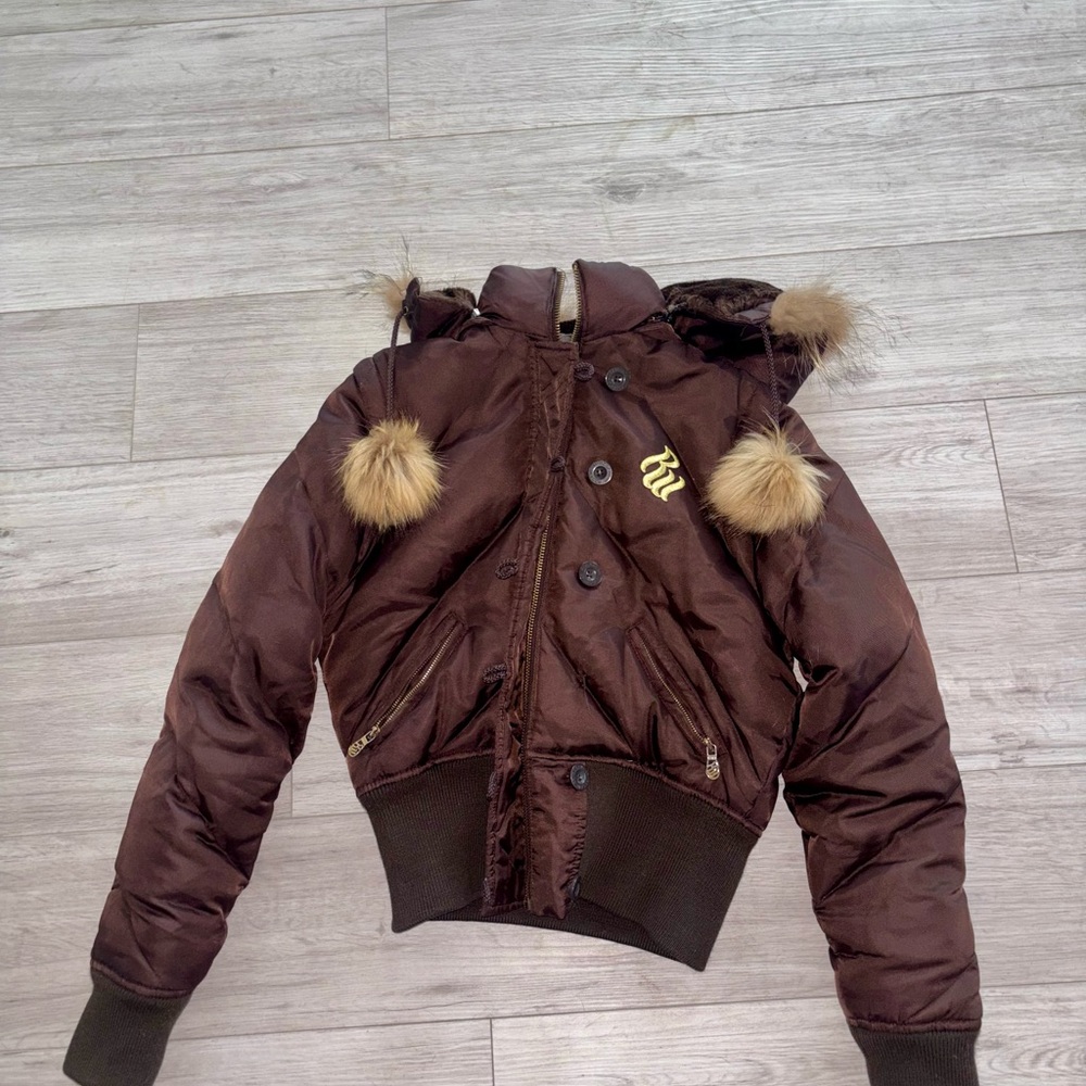 Rocawear Brown Hooded Puffer Jacket with Faux-Fur Pom Details